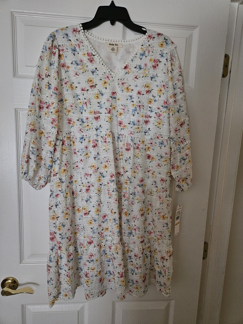 Ruby Rd. Floral Boho Tiered V'neck Mini Peasant Dress - Picture 9 of 9